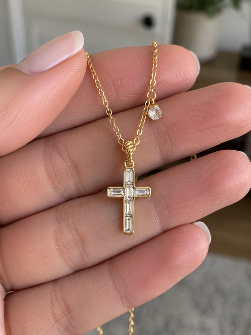 14K Gold Plated Baguette CZ Cross Necklace Dainty Sim Diamond Pendant 18-20in